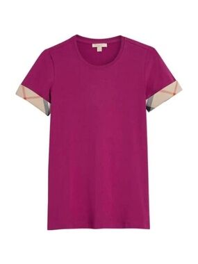 Burberry Magenta Crewneck Tee with Check-Trim Sleeves